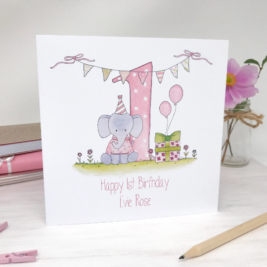 Personalised Girls 1st Birthday Card - Elephant